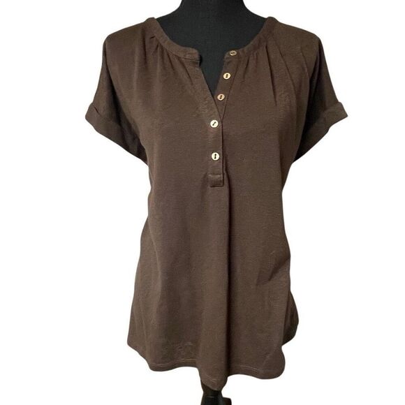LOFT Brown Dolman Notched Button Neckline Top - Picture 1 of 6